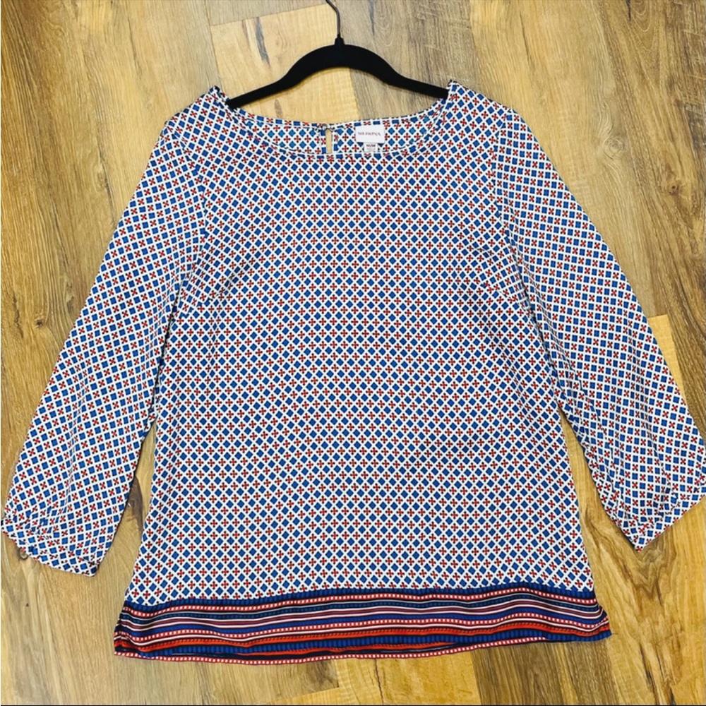 Merona silky Art deco patterned tunic blouse size M